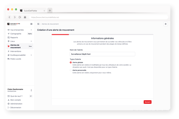 Alertes de mouvement - nom et type - Fenêtre de navigation portail SDF