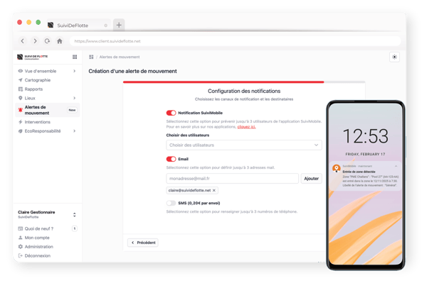 Alertes de mouvement - notifications - Fenêtre de navigation portail SDF