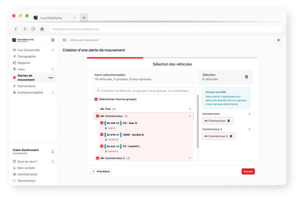 Alertes de mouvement - selection véhicule - Fenêtre de navigation portail SDF