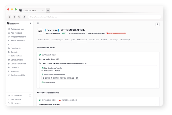 Fiche véhicule Collaborateurs Fenêtre de navigation portail SDF