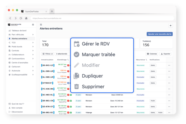 Illustration actions sur le tableau alertes entretiens fenêtre de navigation portail SDF