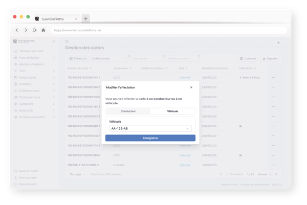 Illustration affectation carte carburant fenêtre de navigation portail SDF