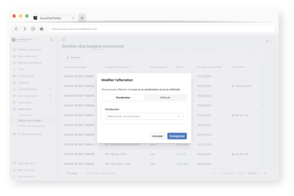 Illustration affectation des badges télépéage fenêtre de navigation portail SDF