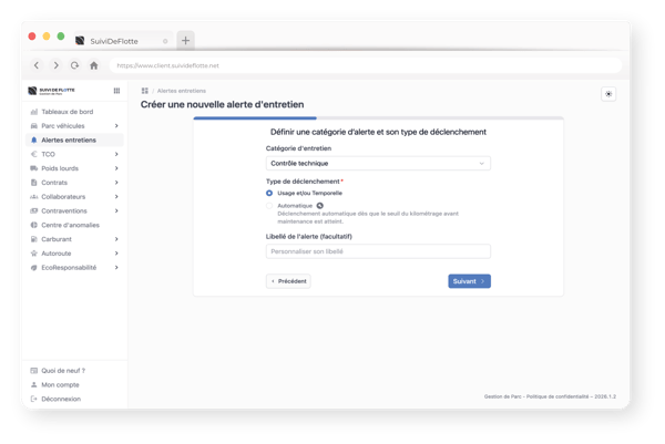 Illustration création alerte entretien catégorie fenêtre de navigation portail SDF