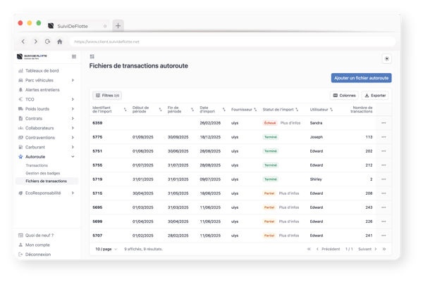 Illustration import de transaction autoroute fenêtre de navigation portail SDF