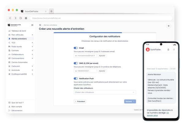 Illustration notification alerte entretien fenêtre de navigation portail SDF