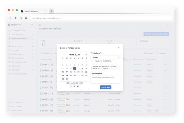 Illustration planification alerte entretien fenêtre de navigation portail SDF