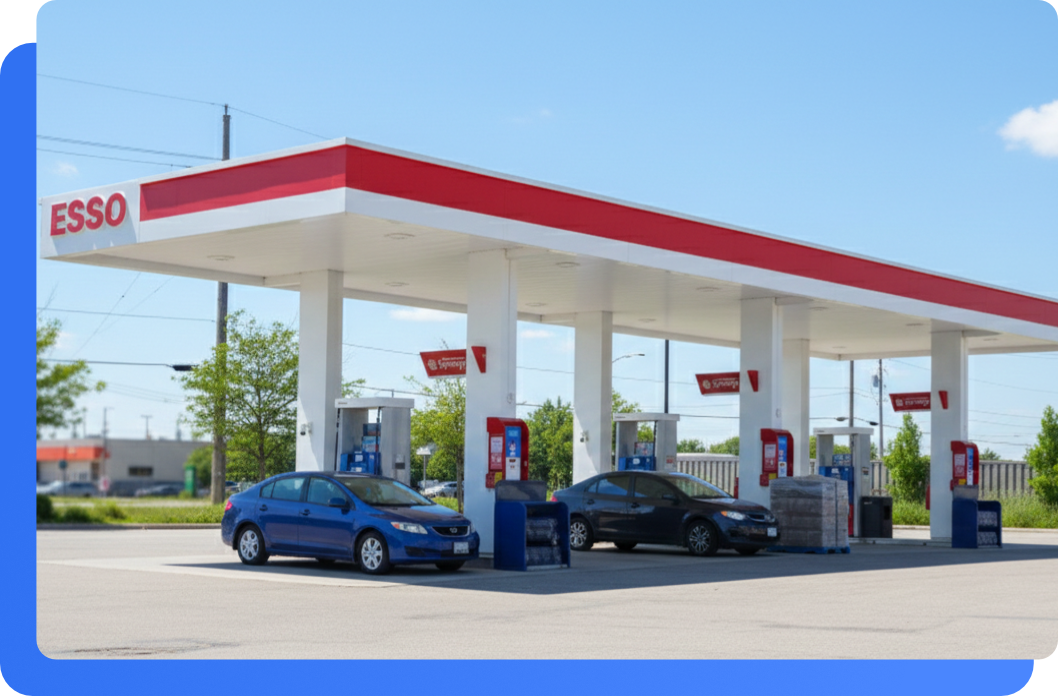 Illustration station service fond bleu