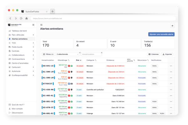 Illustration tableau alertes entretiens fenêtre de navigation portail SDF