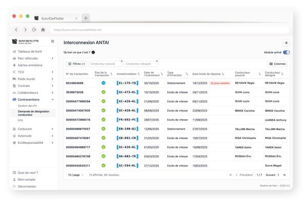 Listing des infraction ANTAI fenêtre de navigation portail SDF
