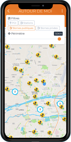 Cartographie des bornes de recharge de l'application conducteur SuiviDeFlotte